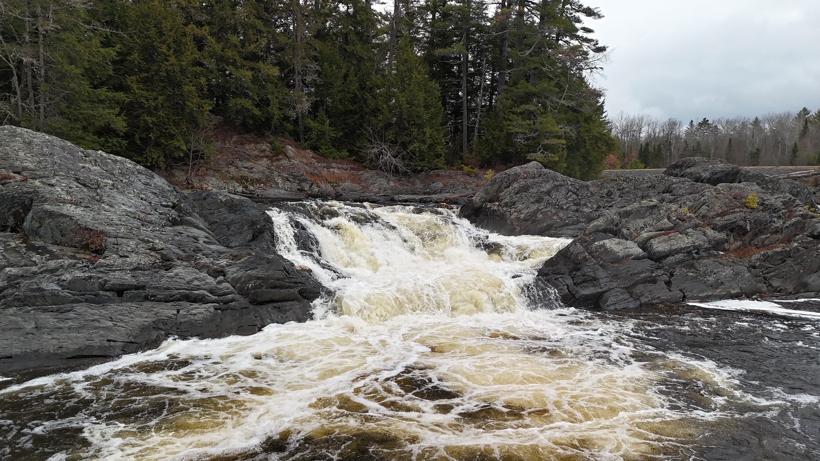 Drone photo of nearby falls in the Maine woods, 2025